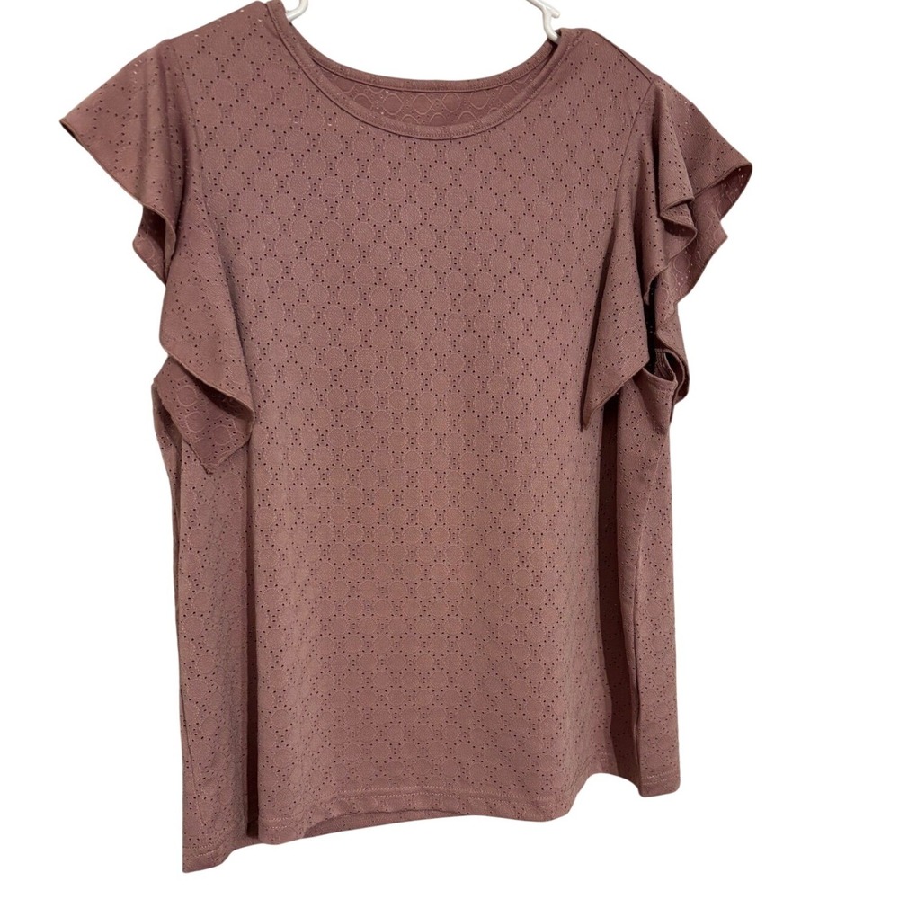 Eyelet Ruffle Sleeve Top Dusty Rose Blouse Casual Comfortable Large Shirt EUC
